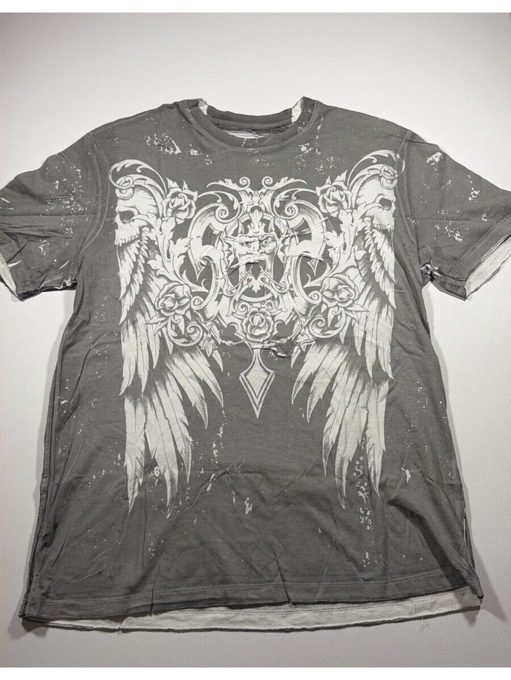 Xzavier Men XL Gray T-Shirt Skull Wings Goth Grunge MMA AOP Graphic Tee